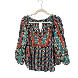 Tolani Babydoll Blouse Womens S Silk Forest Fairy Floral 3/4 Sleeve V Neck